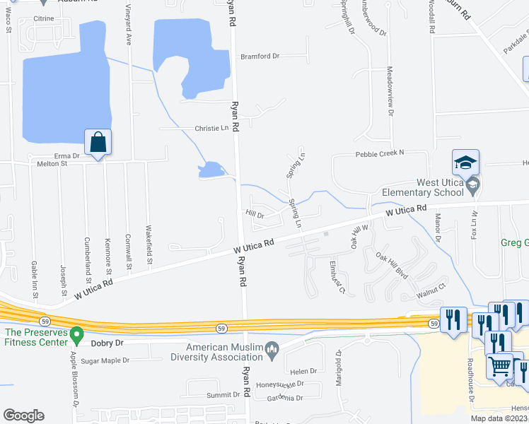 map of restaurants, bars, coffee shops, grocery stores, and more near 4145 Hill Drive in Macomb County