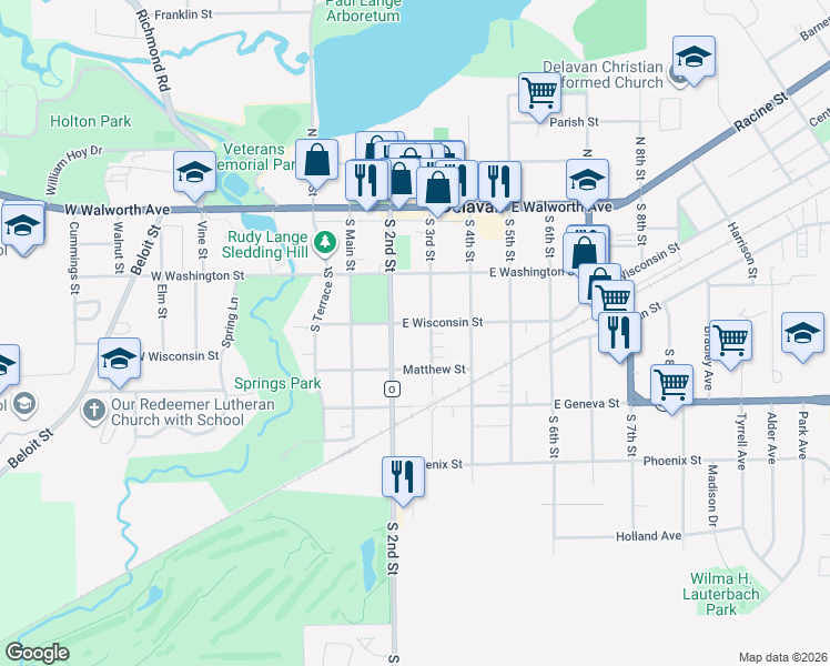 map of restaurants, bars, coffee shops, grocery stores, and more near 224 South 3rd Street in Delavan