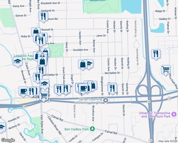 map of restaurants, bars, coffee shops, grocery stores, and more near 45400 Vanker Avenue in Utica