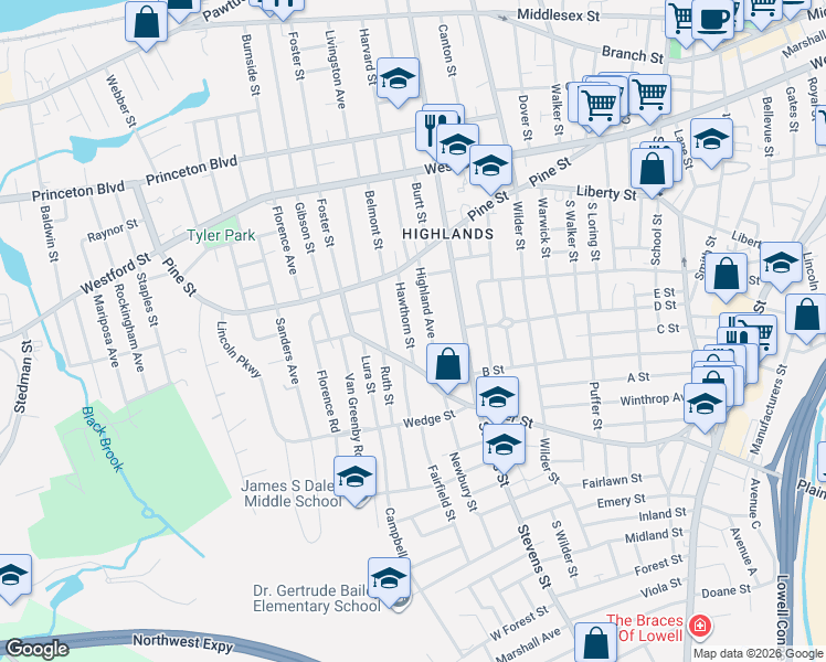 map of restaurants, bars, coffee shops, grocery stores, and more near 64 Hawthorn Street in Lowell