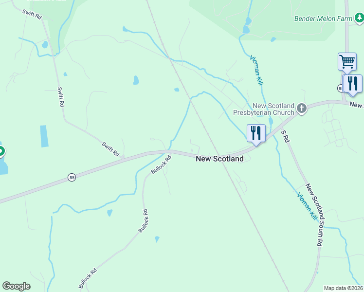 map of restaurants, bars, coffee shops, grocery stores, and more near 17 Moak Lane in Slingerlands