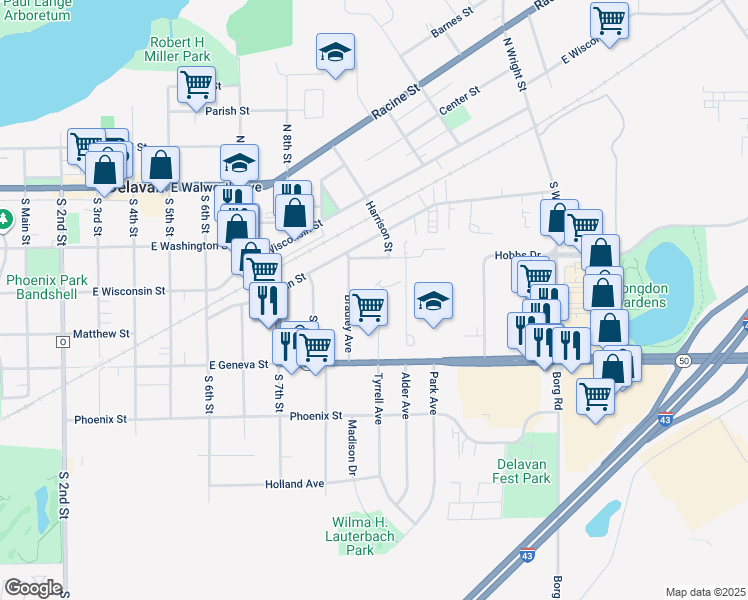 map of restaurants, bars, coffee shops, grocery stores, and more near 305 Tyrrell Court in Delavan