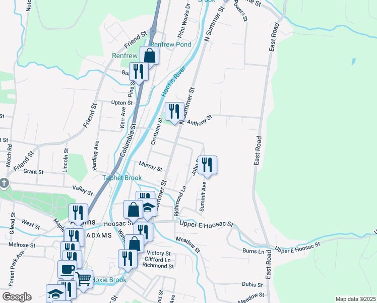 map of restaurants, bars, coffee shops, grocery stores, and more near 5 Turners Avenue in Adams