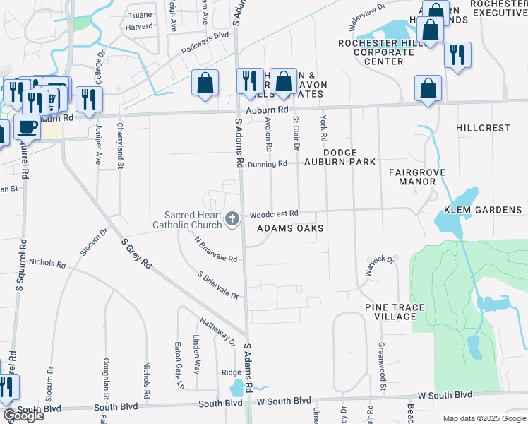 map of restaurants, bars, coffee shops, grocery stores, and more near 3222 Avalon Road in Rochester Hills