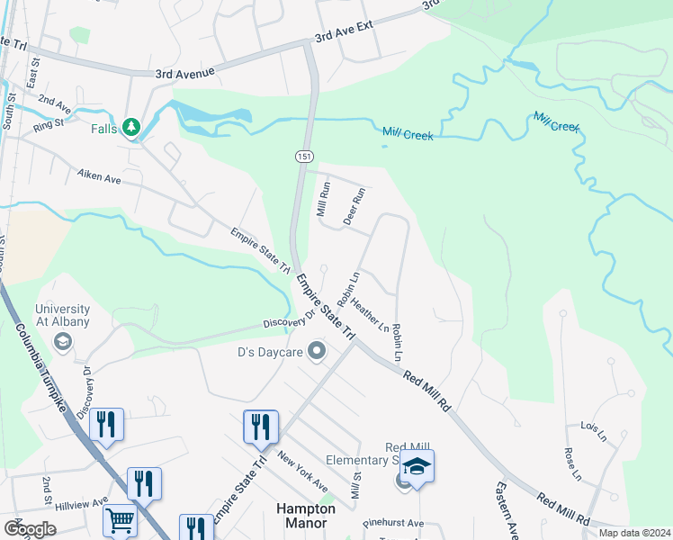 map of restaurants, bars, coffee shops, grocery stores, and more near 75 Robin Lane in Rensselaer