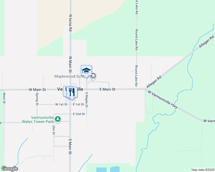 map of restaurants, bars, coffee shops, grocery stores, and more near 345 East Main Street in Vermontville
