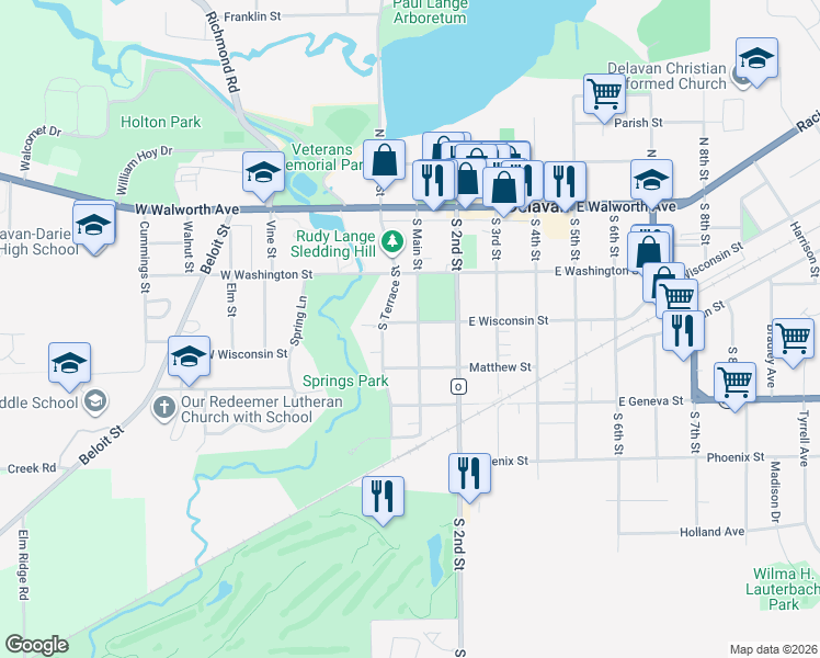 map of restaurants, bars, coffee shops, grocery stores, and more near 224 South Main Street in Delavan