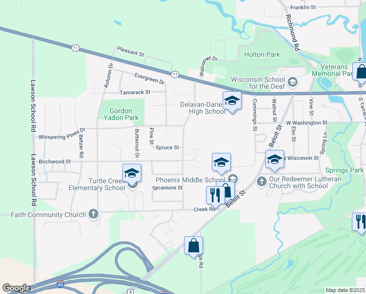 map of restaurants, bars, coffee shops, grocery stores, and more near 321 Turtle Creek Drive in Delavan