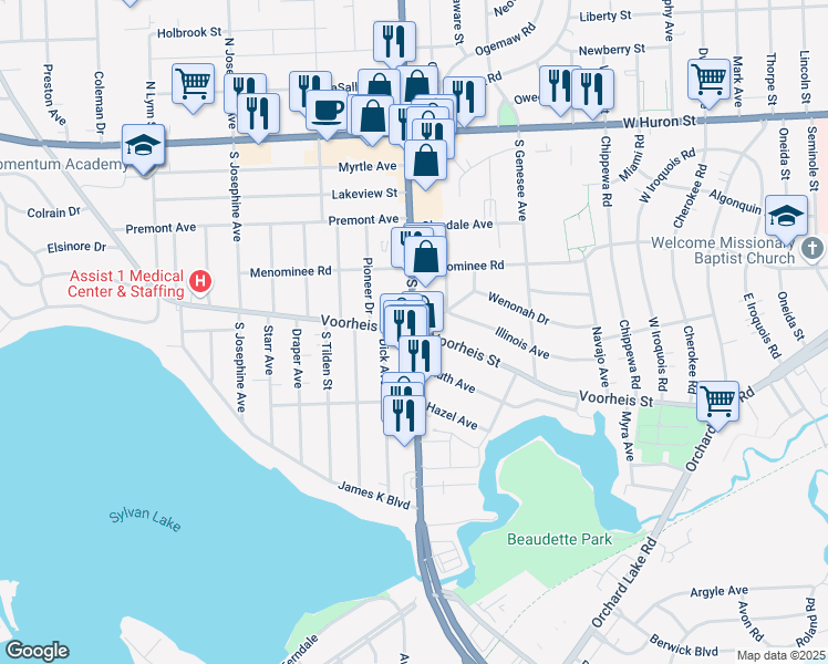 map of restaurants, bars, coffee shops, grocery stores, and more near S Telegraph Rd & Voorheis St in Pontiac