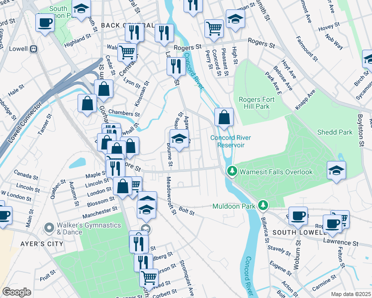 map of restaurants, bars, coffee shops, grocery stores, and more near 35 Griffin Street in Lowell