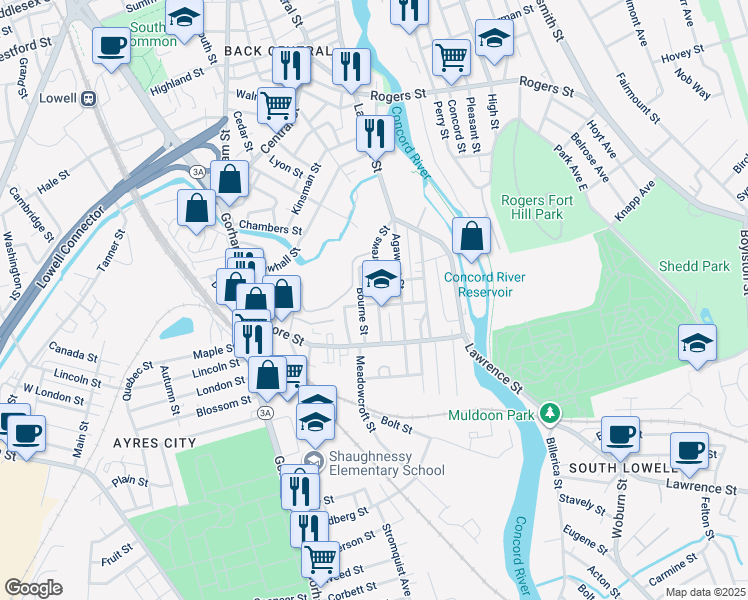 map of restaurants, bars, coffee shops, grocery stores, and more near 87 Andrews Street in Lowell
