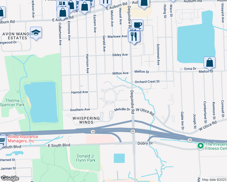 map of restaurants, bars, coffee shops, grocery stores, and more near 6A Windwood Drive in Rochester Hills