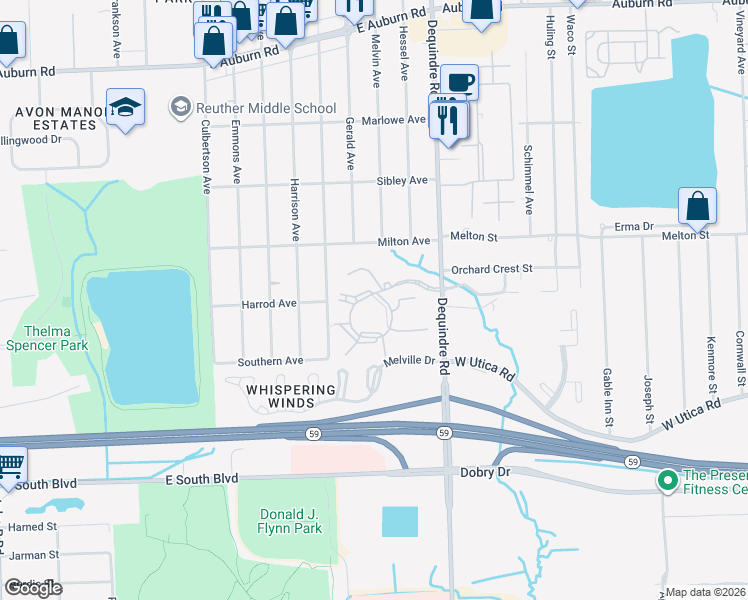 map of restaurants, bars, coffee shops, grocery stores, and more near 6A Windwood Drive in Rochester Hills