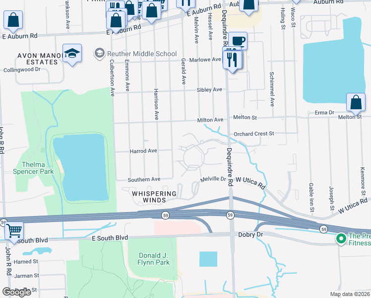 map of restaurants, bars, coffee shops, grocery stores, and more near 1859 Village Green Boulevard in Rochester Hills