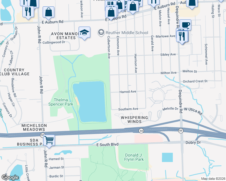 map of restaurants, bars, coffee shops, grocery stores, and more near 3401 Culbertson Avenue in Rochester Hills