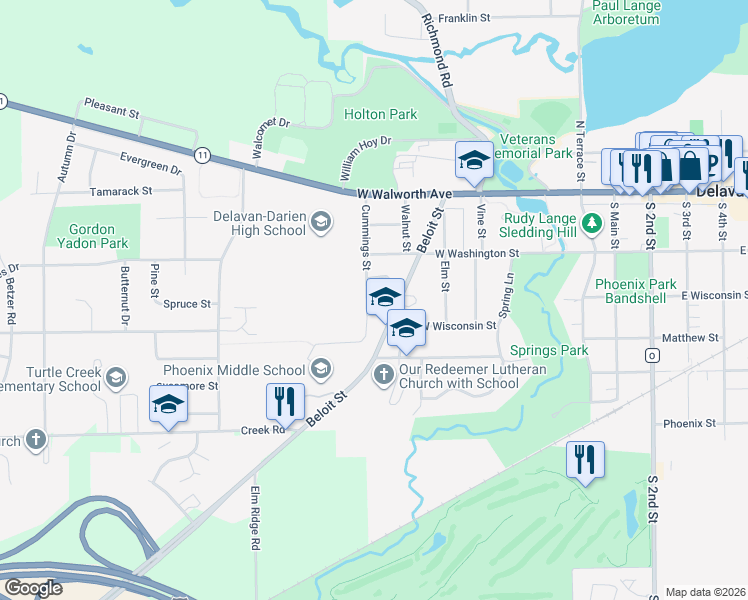 map of restaurants, bars, coffee shops, grocery stores, and more near 239 Cummings Street in Delavan