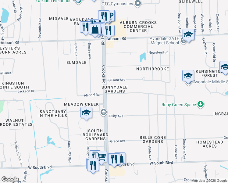 map of restaurants, bars, coffee shops, grocery stores, and more near 1918 Alsdorf Avenue in Rochester Hills
