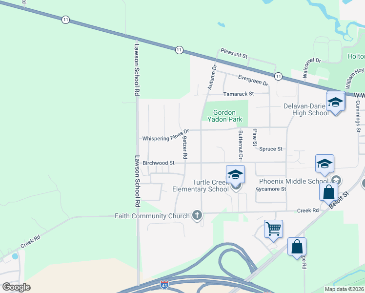 map of restaurants, bars, coffee shops, grocery stores, and more near 215 Betzer Road in Delavan