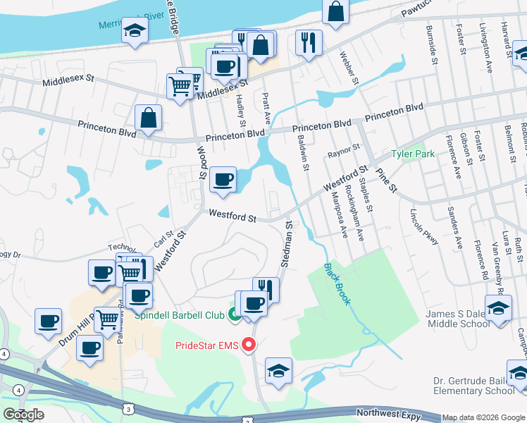 map of restaurants, bars, coffee shops, grocery stores, and more near 1001 Westford Street in Lowell