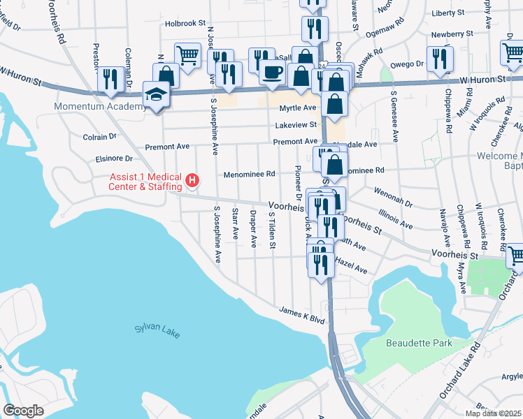 map of restaurants, bars, coffee shops, grocery stores, and more near 998 Voorheis Street in Waterford Township