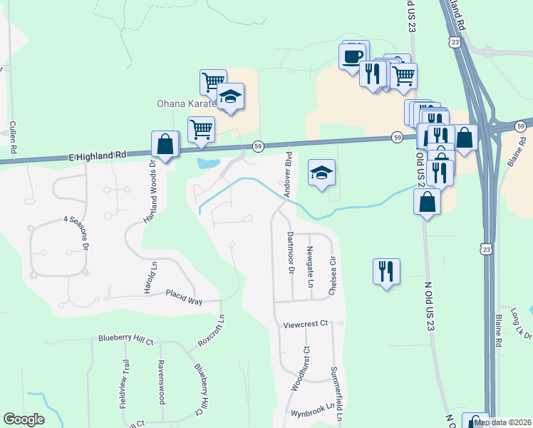 map of restaurants, bars, coffee shops, grocery stores, and more near 1807 Andover Boulevard in Howell