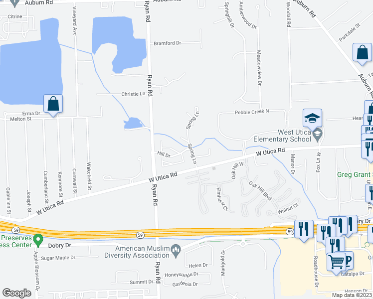 map of restaurants, bars, coffee shops, grocery stores, and more near 4256 Hill Drive in Macomb County