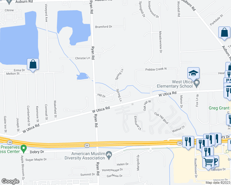 map of restaurants, bars, coffee shops, grocery stores, and more near 4250 Hill Drive in Macomb County