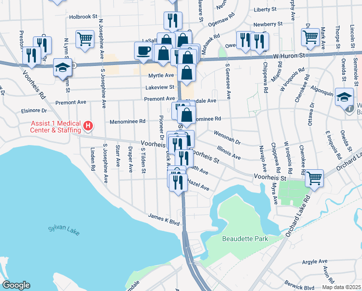 map of restaurants, bars, coffee shops, grocery stores, and more near 216 South Telegraph Road in Pontiac