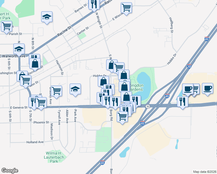 map of restaurants, bars, coffee shops, grocery stores, and more near 274 South Wright Street in Delavan