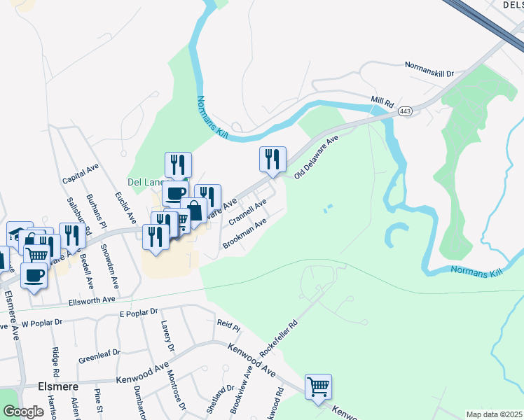 map of restaurants, bars, coffee shops, grocery stores, and more near 24 Crannell Avenue in Delmar