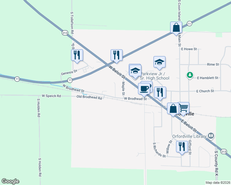 map of restaurants, bars, coffee shops, grocery stores, and more near 123 Maple Street in Orfordville