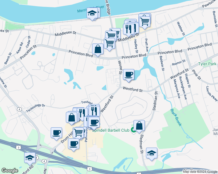 map of restaurants, bars, coffee shops, grocery stores, and more near 451 Black Brook Drive in Lowell