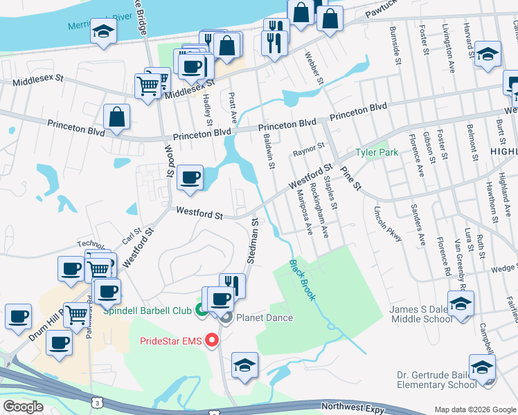 map of restaurants, bars, coffee shops, grocery stores, and more near 945 Westford Street in Lowell