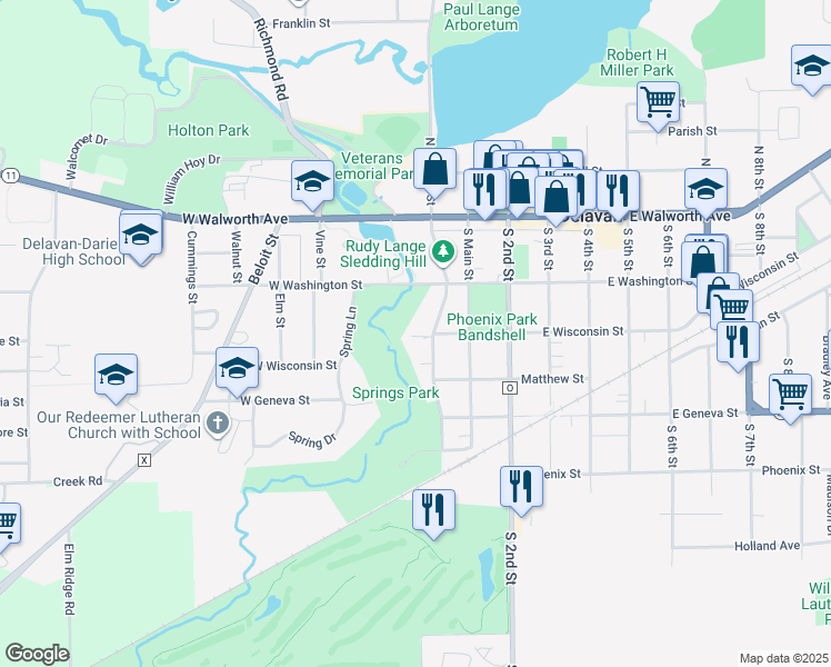 map of restaurants, bars, coffee shops, grocery stores, and more near 234 South Terrace Street in Delavan