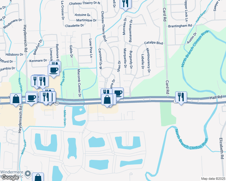 map of restaurants, bars, coffee shops, grocery stores, and more near 21424 Joyeux Circle in Macomb