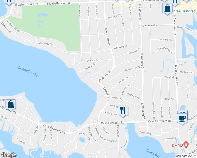 map of restaurants, bars, coffee shops, grocery stores, and more near 4150 Elmhurst Road in Waterford Township