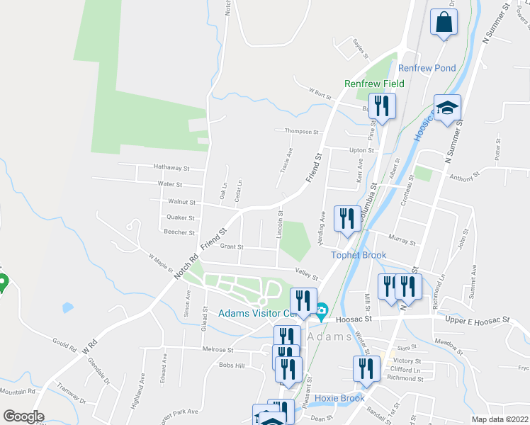 map of restaurants, bars, coffee shops, grocery stores, and more near 147 Friend St in Adams