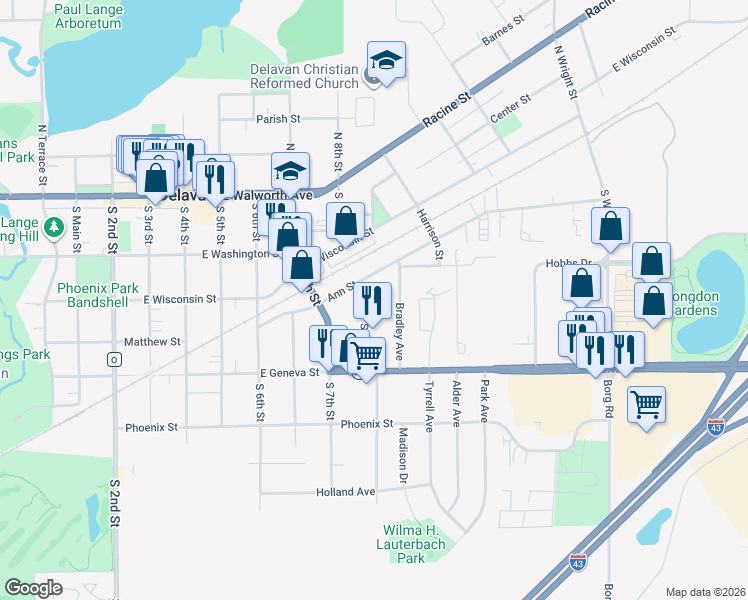 map of restaurants, bars, coffee shops, grocery stores, and more near 320 Bradley Avenue in Delavan