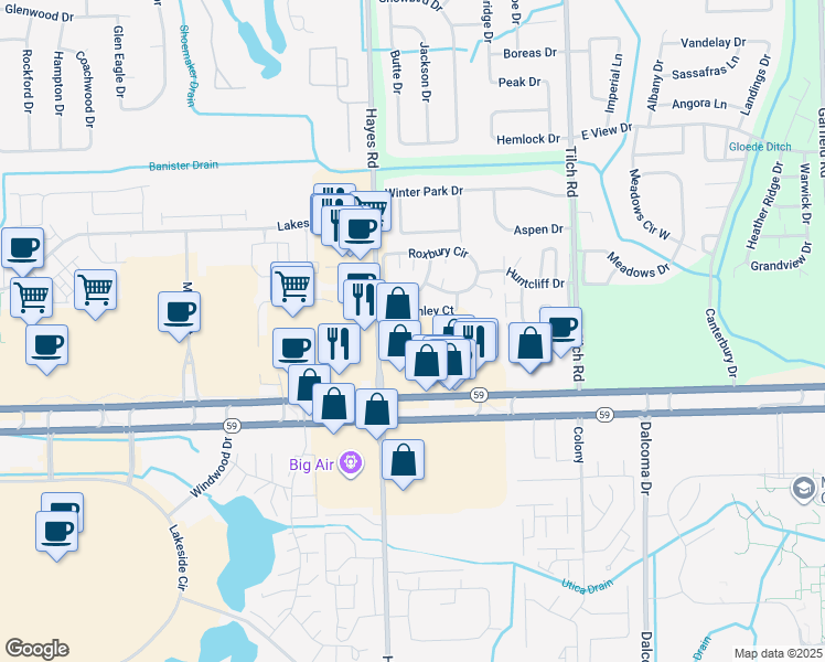 map of restaurants, bars, coffee shops, grocery stores, and more near 15344 Ashley Court in Macomb