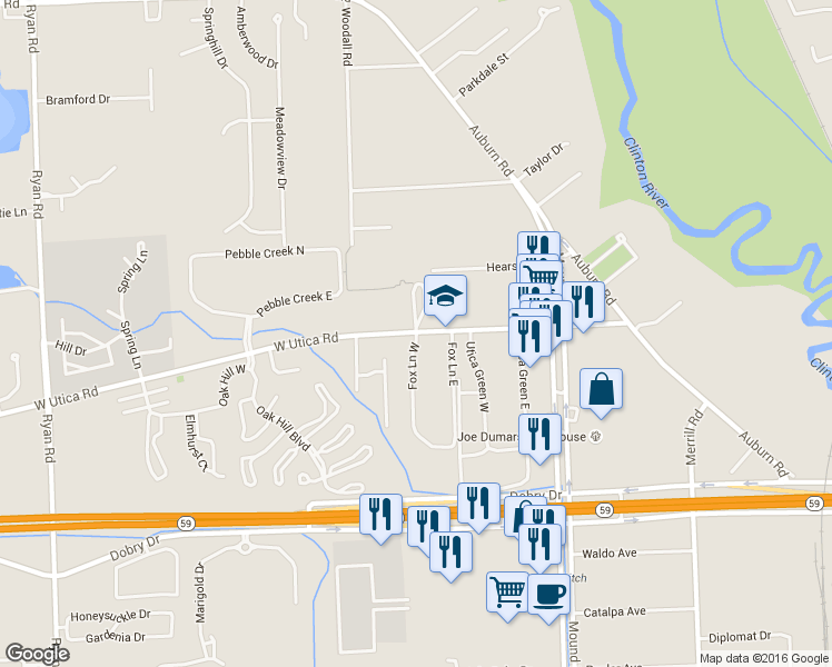map of restaurants, bars, coffee shops, grocery stores, and more near 45699 Fox Lane West in Shelby Charter Township