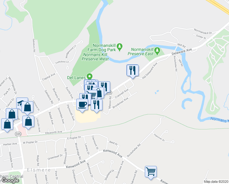 map of restaurants, bars, coffee shops, grocery stores, and more near 84 Delaware Avenue in Delmar