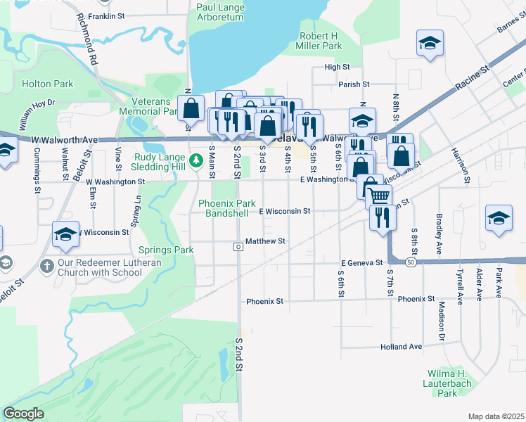 map of restaurants, bars, coffee shops, grocery stores, and more near 299 South 3rd Street in Delavan