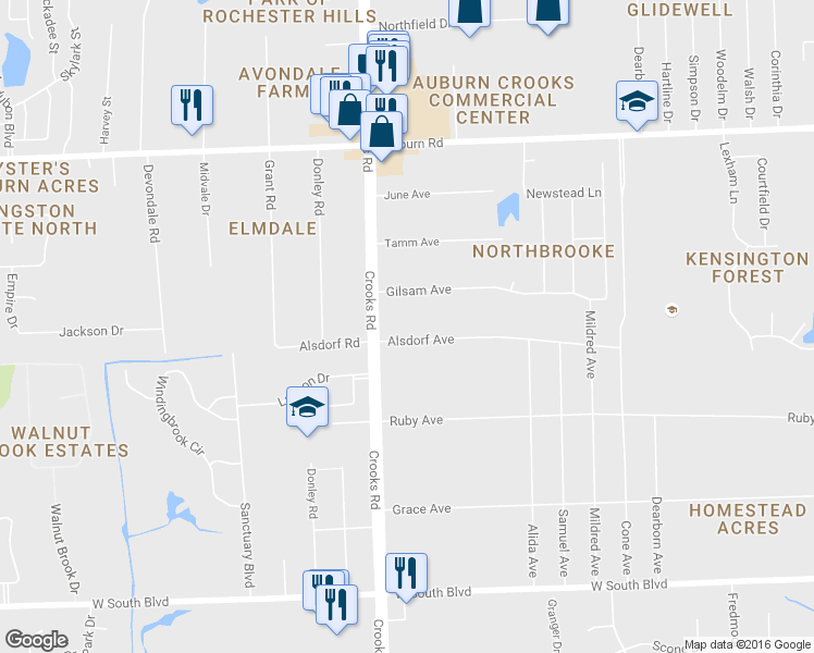 map of restaurants, bars, coffee shops, grocery stores, and more near 1918 Alsdorf Avenue in Rochester Hills