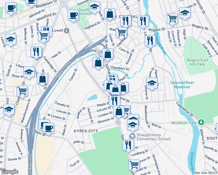 map of restaurants, bars, coffee shops, grocery stores, and more near 883 Gorham Street in Lowell