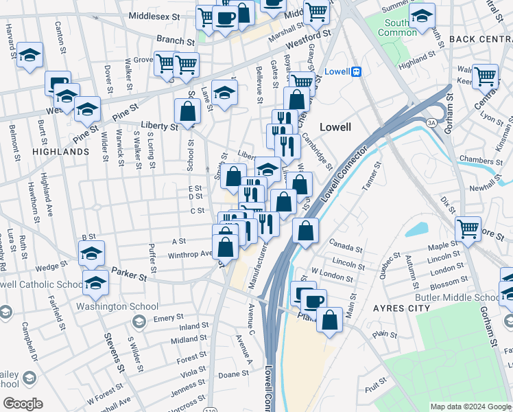 map of restaurants, bars, coffee shops, grocery stores, and more near 21 Short Street in Lowell