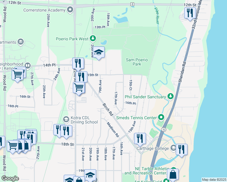 map of restaurants, bars, coffee shops, grocery stores, and more near 1554 17th Avenue in Kenosha