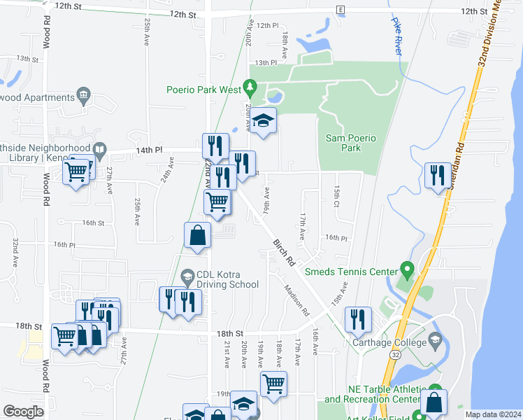 map of restaurants, bars, coffee shops, grocery stores, and more near 1560 19th Avenue in Kenosha