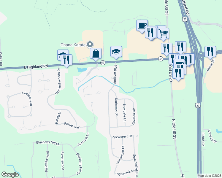 map of restaurants, bars, coffee shops, grocery stores, and more near 1807 Andover Boulevard in Howell