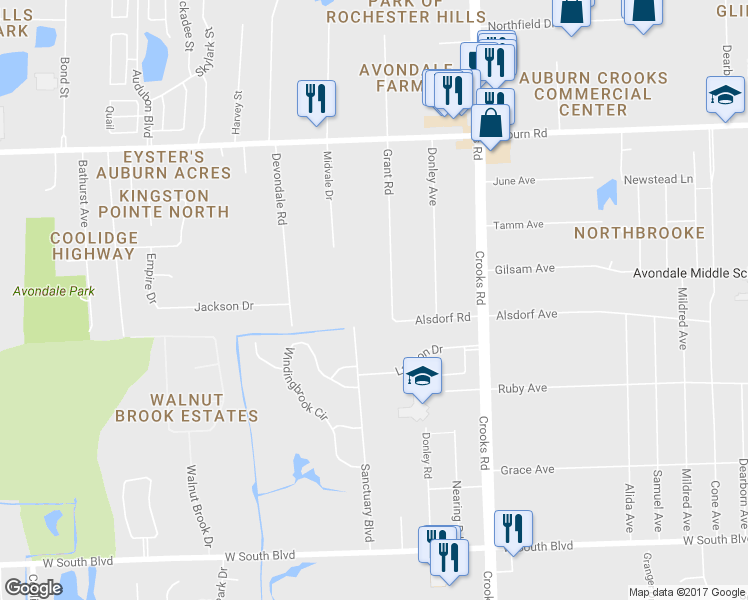 map of restaurants, bars, coffee shops, grocery stores, and more near 3362 Grant Road in Rochester Hills
