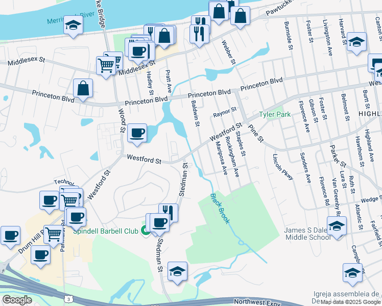 map of restaurants, bars, coffee shops, grocery stores, and more near 934 Westford Street in Lowell
